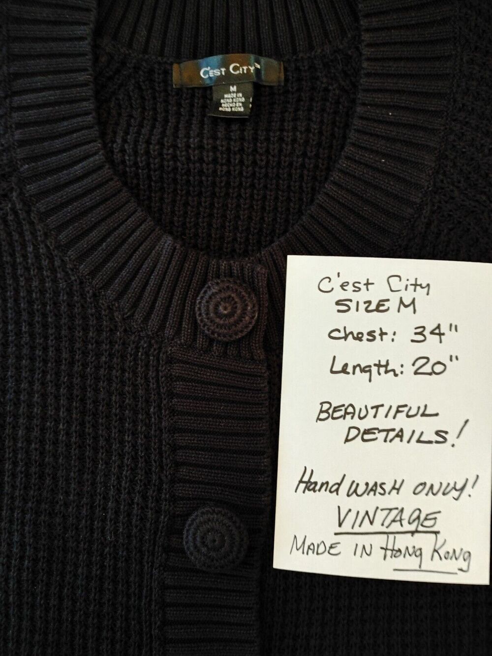 Summer Coastal Vintage Black Knit Sweater Covered Buttons. VGC